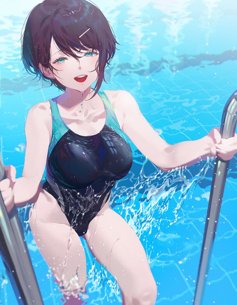 Anime picture 1167x1500 with original fajyobore single tall image looking at viewer fringe short hair breasts open mouth blue eyes light erotic black hair smile hair between eyes large breasts holding :d from above teeth wet