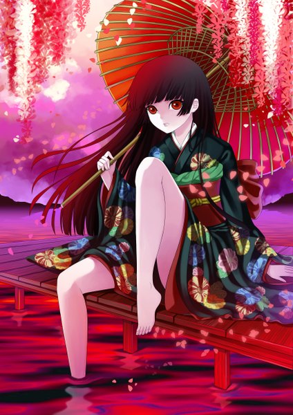 Anime picture 3508x4961 with hell girl studio deen enma ai yoneyu single long hair tall image looking at viewer fringe highres black hair red eyes sitting absurdres sky bent knee (knees) traditional clothes japanese clothes barefoot bare legs