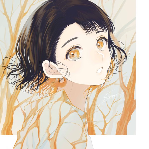 Anime picture 5000x5000 with original sogawa single looking at viewer fringe highres short hair black hair signed yellow eyes absurdres upper body parted lips head tilt girl earrings