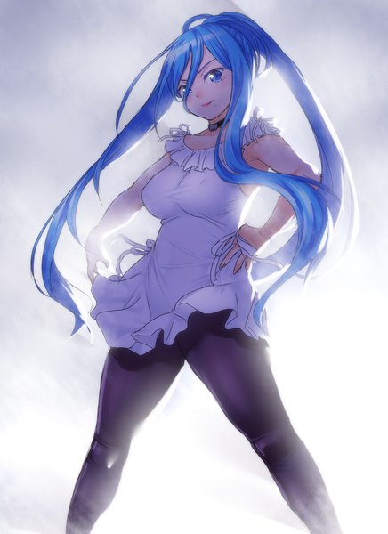 Anime picture 800x1100 with aoki hagane no arpeggio takao (aoki hagane no arpeggio) onsoku inu single long hair tall image looking at viewer blush breasts blue eyes smile hair between eyes standing blue hair ponytail mole spread legs gradient background mole under mouth glow