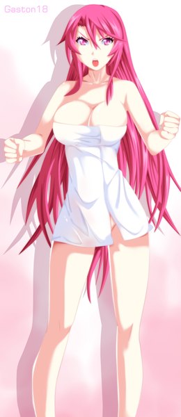 Anime picture 513x1182 with dragons riotings (manga) ayane (dragons riotings) tongasart single long hair tall image breasts open mouth light erotic large breasts pink hair pink eyes shadow coloring naked towel girl towel fist