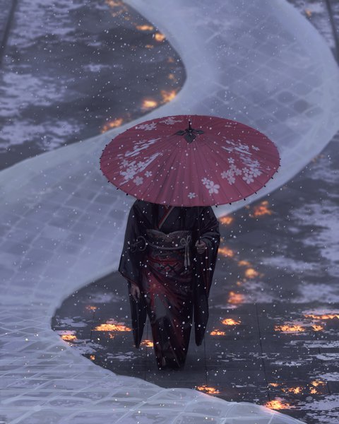 Аниме картинка 4000x4998 с оригинальное изображение guweiz один (одна) высокое изображение высокое разрешение держать absurdres всё тело на улице длинные рукава традиционная одежда японская одежда вид сверху размыто реалистичный широкие рукава цветочный принт снегопад идёт девушка