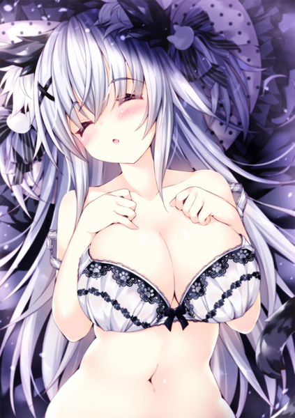 Anime picture 847x1200 with original oziko (ojitcha) ojitcha single long hair tall image blush fringe breasts open mouth light erotic hair between eyes large breasts bare shoulders animal ears cleavage silver hair upper body tail eyes closed