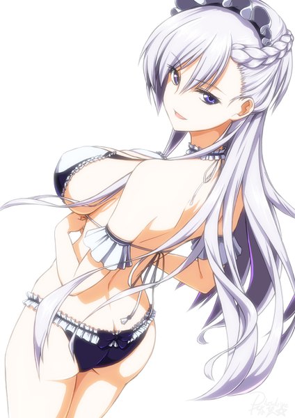 Anime picture 868x1228 with azur lane belfast (azur lane) koutarou (plusdrive) single long hair tall image looking at viewer fringe breasts open mouth light erotic simple background smile hair between eyes large breasts standing white background purple eyes silver hair braid (braids)