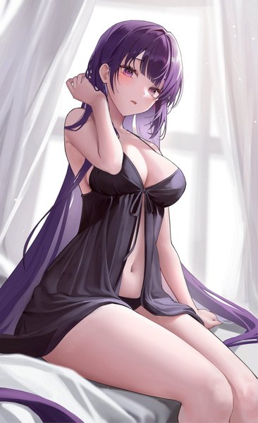 Anime picture 1124x1842 with genshin impact raiden shogun seo pport single long hair tall image looking at viewer fringe breasts open mouth light erotic large breasts white background sitting purple eyes bare shoulders cleavage purple hair blunt bangs mole