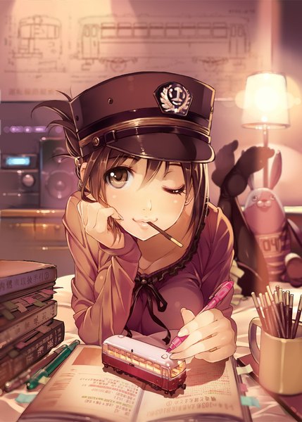 Anime picture 709x992 with usavich original kirenenko vania600 single tall image short hair brown hair brown eyes lying one eye closed wink girl pantyhose food sweets book (books) peaked cap pocky