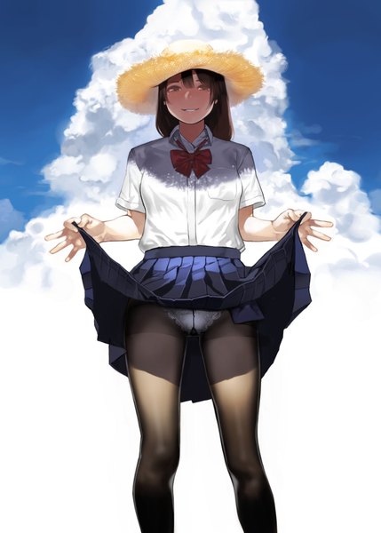 Anime picture 1463x2048 with original yomu (sgt epper) single long hair tall image looking at viewer blush fringe light erotic smile hair between eyes brown hair standing holding brown eyes payot sky cloud (clouds) outdoors pleated skirt