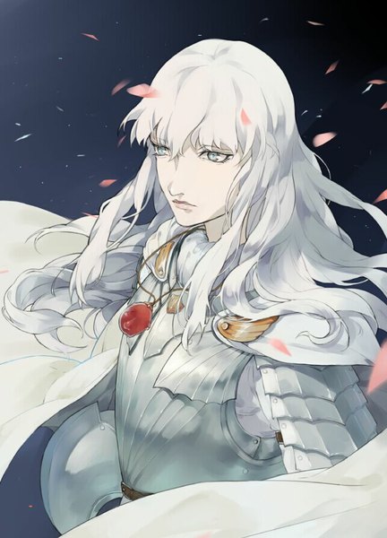 Anime picture 643x892 with berserk griffith roong single long hair tall image fringe looking away white hair from above dark background silver eyes boy petals armor pendant cape