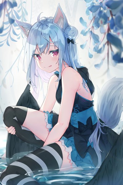 Anime picture 945x1420 with original mishuo (misuo69421) single long hair tall image looking at viewer blush fringe hair between eyes sitting bare shoulders animal ears payot blue hair ahoge bent knee (knees) tail animal tail pink eyes hair bun (hair buns)