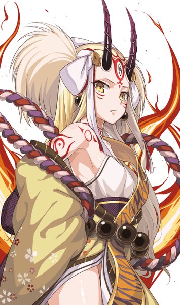 Anime picture 800x1350 with fate (series) fate/grand order ibaraki douji (fate) hotpepperman single long hair tall image looking at viewer simple background blonde hair white background bare shoulders yellow eyes traditional clothes japanese clothes horn (horns) wide sleeves from below fang (fangs) tattoo