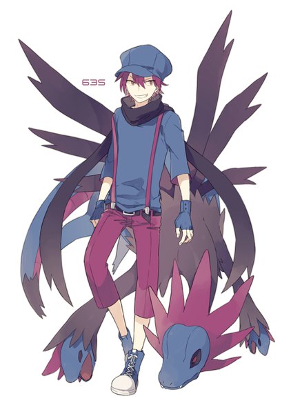 Anime picture 994x1414 with pokemon moemon nintendo hydreigon o-ishi single tall image short hair simple background smile standing white background purple eyes looking away purple hair full body bent knee (knees) grin personification gen 5 pokemon