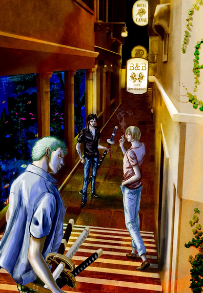 Anime picture 1172x1690 with one piece toei animation roronoa zoro sanji trafalgar law oregano551 tall image looking at viewer fringe short hair blue eyes black hair blonde hair standing holding green eyes full body outdoors profile looking back