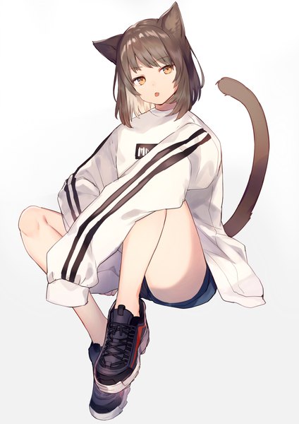 Anime picture 700x990 with original shugao single tall image looking at viewer blush fringe short hair simple background brown hair white background sitting animal ears yellow eyes full body tail head tilt animal tail cat ears cat girl