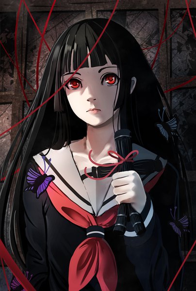 Anime picture 960x1425 with hell girl studio deen enma ai sysen single long hair tall image looking at viewer fringe black hair red eyes holding upper body blunt bangs long sleeves lips serious girl dress uniform