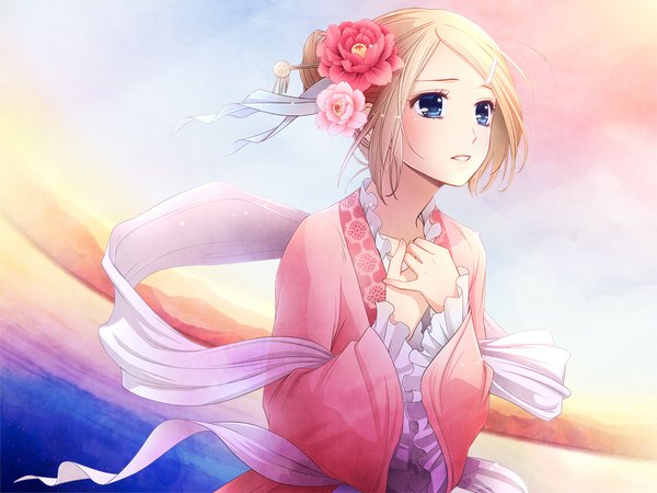 Anime picture 1000x750 with vocaloid kagamine rin koyama rikako single blush short hair blue eyes blonde hair traditional clothes hair flower tears chinese clothes crying girl hair ornament flower (flowers) hairclip sea hairpin (hairpins)