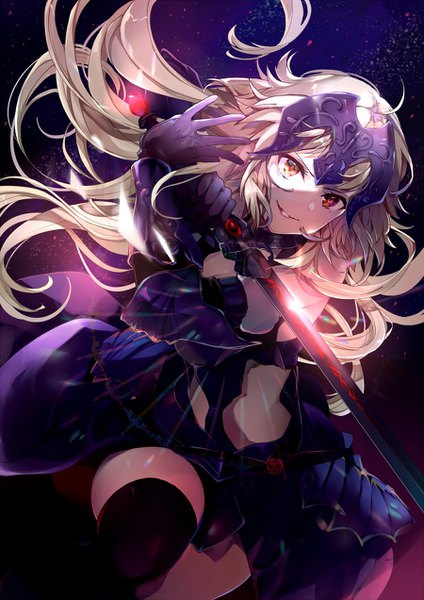 Anime picture 900x1272 with fate (series) fate/grand order jeanne d'arc (fate) (all) jeanne d'arc alter (fate) puracotte single long hair tall image looking at viewer blonde hair smile red eyes shaded face girl thighhighs gloves weapon black thighhighs sword black gloves