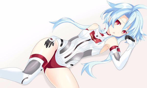 Anime-Bild 4096x2457 mit choujigen game neptune kami jigen game neptune v white heart ramu-on@ shinon single long hair looking at viewer fringe highres breasts open mouth light erotic simple background hair between eyes red eyes wide image bare shoulders blue hair absurdres ahoge