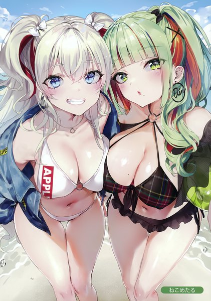 Anime-Bild 2454x3500 mit melonbooks nekometaru long hair tall image looking at viewer blush fringe highres breasts open mouth blue eyes light erotic blonde hair smile hair between eyes large breasts standing multiple girls green eyes sky