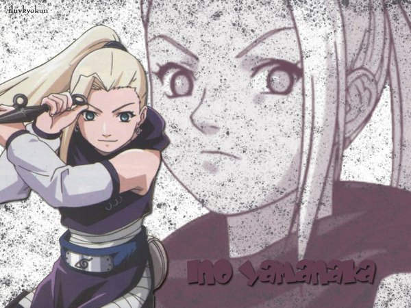 Anime picture 1024x768 with naruto studio pierrot naruto (series) yamanaka ino long hair looking at viewer blonde hair smile upper body ponytail arm up leaning leaning forward character names close-up multiview girl weapon detached sleeves earrings