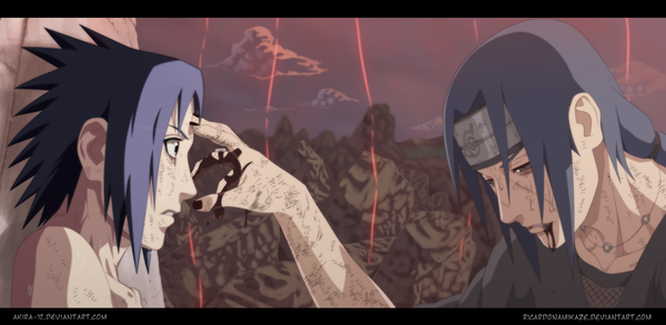 Anime picture 3000x1466 with naruto studio pierrot naruto (series) uchiha sasuke uchiha itachi akira-12 ricardonamikaze highres short hair black hair wide image sky cloud (clouds) nail polish profile black eyes coloring mountain akatsuki boy