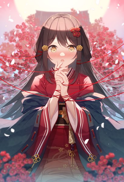 Anime picture 4533x6656 with original emori miku project nijihashi sora single long hair tall image looking at viewer blush fringe highres brown hair standing yellow eyes payot absurdres traditional clothes japanese clothes hair flower blurry off shoulder