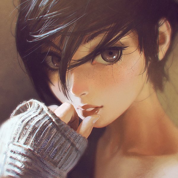 Anime picture 900x900 with original ilya kuvshinov single long hair looking at viewer blush fringe black hair hair between eyes brown eyes long sleeves parted lips lips lipstick finger to mouth close-up face eyeshadow red lipstick freckles