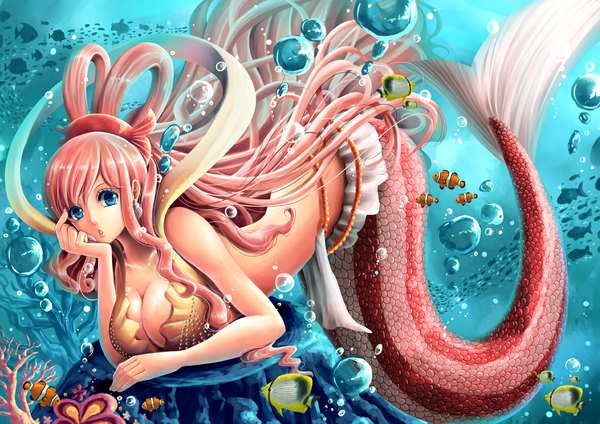 Anime picture 1181x835 with one piece toei animation shirahoshi yumiyokiak single long hair looking at viewer breasts open mouth blue eyes light erotic large breasts tail alternate hairstyle underwater girl hair ornament earrings water jewelry