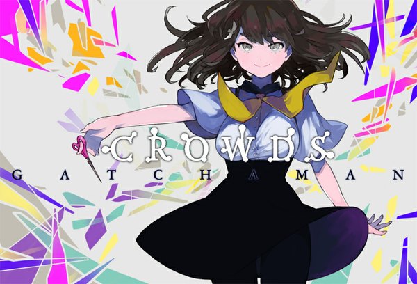Anime picture 800x545 with gatchaman crowds tatsunoko ichinose hajime gj single looking at viewer fringe short hair smile brown hair wind grey eyes copyright name outstretched arm girl uniform hair ornament school uniform pantyhose hairclip