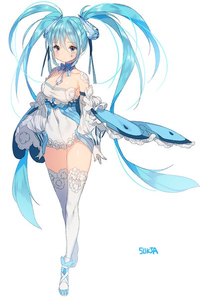 Anime picture 700x1000 with vocaloid hatsune miku namida miku sorolp single tall image fringe breasts blue eyes simple background standing white background twintails bare shoulders signed cleavage very long hair aqua hair asymmetrical hair girl
