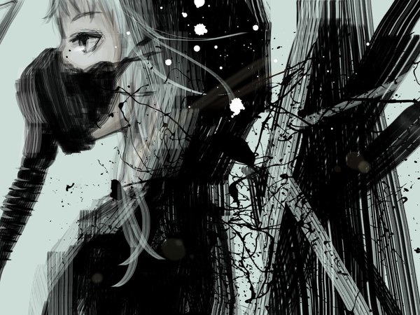 イラスト 1600x1200 と ボーカロイド gumi おぐち ソロ 長髪 looking away upper body プロフィール grey hair black eyes 無表情 女の子 フード respirator