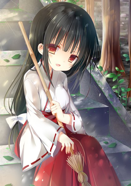 Anime picture 800x1131 with original shiiba nae single long hair tall image looking at viewer blush open mouth black hair red eyes sitting traditional clothes japanese clothes low ponytail miko girl leaf (leaves) stairs broom