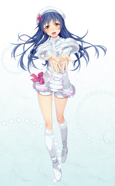 Anime picture 847x1372 with love live! school idol project sunrise (studio) love live! sonoda umi mukunokino isshiki single long hair tall image looking at viewer blush open mouth brown eyes blue hair girl dress boots star (symbol) beret