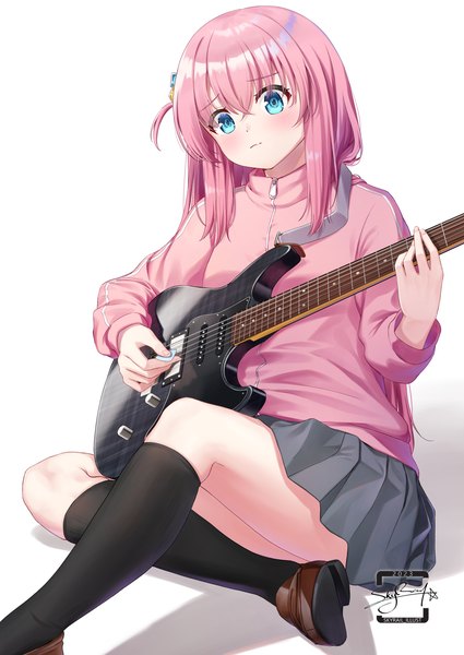 Anime picture 1063x1500 with bocchi the rock! cloverworks gotou hitori skyrail (skynetrailgun) single long hair tall image blush fringe blue eyes simple background hair between eyes white background looking away pink hair pleated skirt one side up playing instrument girl skirt