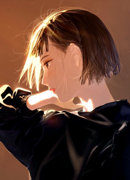 Anime picture 2798x3887 with original kyuko2go single tall image fringe highres short hair simple background brown hair brown eyes looking away upper body blunt bangs profile arm up sunlight portrait brown background bob cut girl
