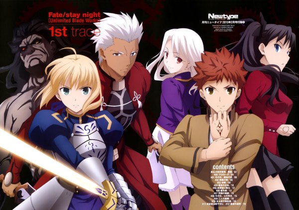 Anime picture 5803x4080 with fate (series) fate/stay night type-moon artoria pendragon (all) saber toosaka rin illyasviel von einzbern archer (fate) emiya shirou berserker tsuji masatoshi long hair highres short hair blue eyes black hair blonde hair red eyes twintails multiple girls