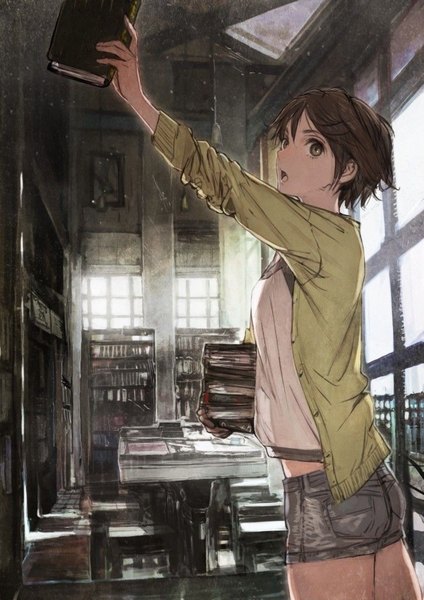 Anime picture 724x1024 with original humi (artist) single tall image looking at viewer fringe short hair open mouth hair between eyes brown hair holding brown eyes indoors leaning leaning forward girl shorts book (books) cardigan library