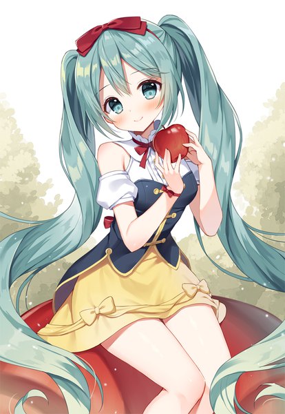 Anime picture 700x1015 with snow white and the seven dwarfs vocaloid hatsune miku snow white mauve single tall image blush fringe smile hair between eyes sitting twintails very long hair head tilt aqua eyes aqua hair cosplay snow white (cosplay) girl