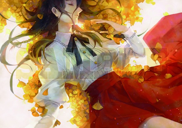 Anime picture 1500x1062 with original moss (2225028) single long hair black hair lying eyes closed on back watermark girl skirt ribbon (ribbons) shirt bowtie leaf (leaves) buttons autumn leaves ginkgo