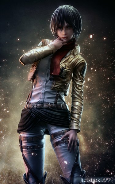 Anime picture 2000x3200 with shingeki no kyojin production i.g mikasa ackerman tetsuok9999 single tall image looking at viewer highres short hair black hair signed black eyes realistic open clothes open jacket 3d girl jacket belt scarf