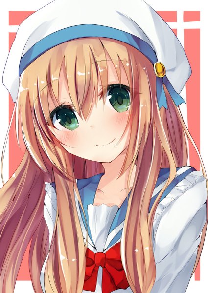 Anime picture 851x1200 with original asanagi kurumi (panda-doufu) single long hair tall image looking at viewer blush fringe blonde hair smile hair between eyes green eyes head tilt portrait framed girl beret