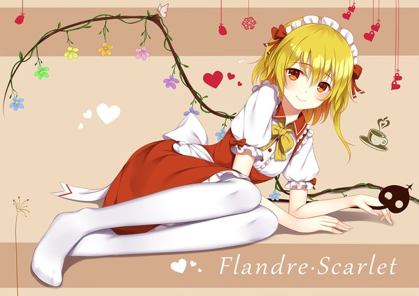 Anime picture 1600x1131 with touhou flandre scarlet flan (seeyouflan) single fringe short hair simple background blonde hair smile hair between eyes bent knee (knees) lying short sleeves orange eyes no shoes puffy sleeves character names one side up on side reclining