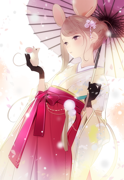 Anime picture 760x1100 with original ama mitsuki single tall image blush fringe short hair brown hair holding brown eyes animal ears looking away long sleeves traditional clothes japanese clothes hair flower wide sleeves hair bun (hair buns) floral print new year