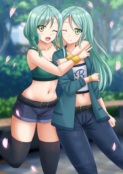 Anime picture 1200x1697 with bang dream! hikawa sayo hikawa hina kazenokaze long hair tall image looking at viewer blush fringe open mouth smile hair between eyes standing bare shoulders multiple girls green eyes payot looking away outdoors braid (braids)