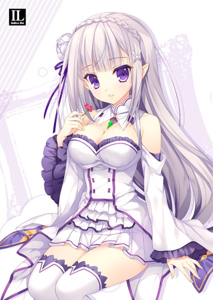 Anime picture 567x800 with re:zero kara hajimeru isekai seikatsu white fox emilia (re:zero) mitha single long hair tall image looking at viewer sitting purple eyes white hair hair flower pointy ears girl thighhighs dress hair ornament flower (flowers) detached sleeves white thighhighs