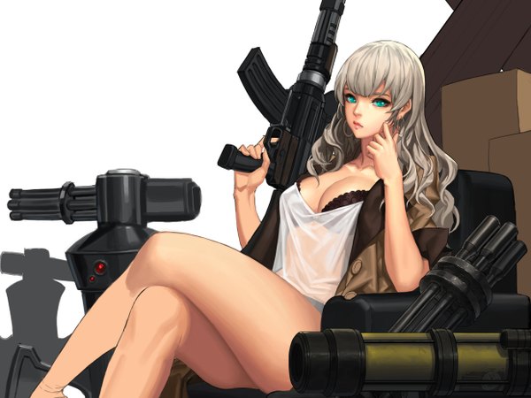 Anime picture 2480x1860 with hero warz ake (cherrylich) single long hair looking at viewer highres breasts light erotic sitting holding green eyes cleavage grey hair open clothes crossed legs girl weapon lingerie bra gun
