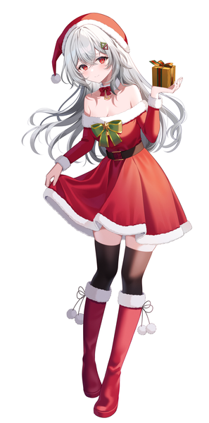 Anime picture 797x1610 with virtual youtuber indie virtual youtuber kannagi tenri myusha single long hair tall image looking at viewer fringe simple background smile hair between eyes red eyes standing white background cleavage silver hair full body zettai ryouiki christmas