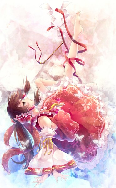 Anime picture 618x1000 with touhou hakurei reimu yasuno (airy light) single long hair tall image open mouth brown hair bare shoulders brown eyes looking away long sleeves barefoot wide sleeves girl skirt hair ornament bow ribbon (ribbons) hair bow