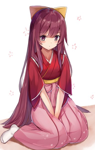Anime picture 1001x1574 with kantai collection kamikaze destroyer karumayu single long hair tall image looking at viewer blush fringe simple background white background sitting purple eyes purple hair traditional clothes japanese clothes short sleeves no shoes wariza girl