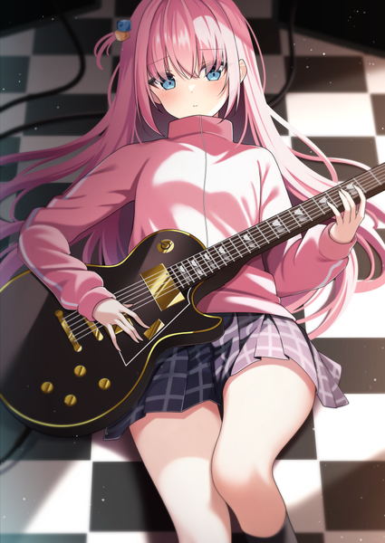 Anime picture 724x1023 with bocchi the rock! cloverworks gotou hitori guri (gri1211) single long hair tall image looking at viewer blue eyes pink hair lying on back one side up plaid skirt checkered floor floor girl skirt hair ornament miniskirt