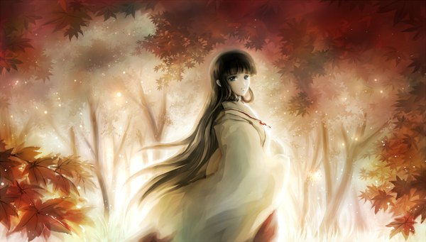 Anime picture 1488x848 with inuyasha kikyou (inuyasha) single long hair looking at viewer fringe brown hair wide image standing brown eyes traditional clothes wide sleeves miko glow girl plant (plants) tree (trees) forest